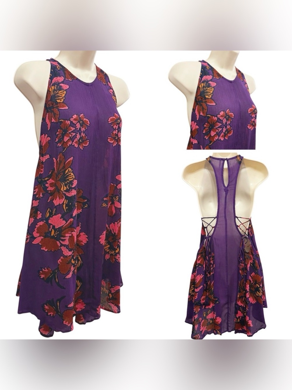 Free People Paint The Sun Purple Floral Sun Dress Cut Out Lace Up High Low Small